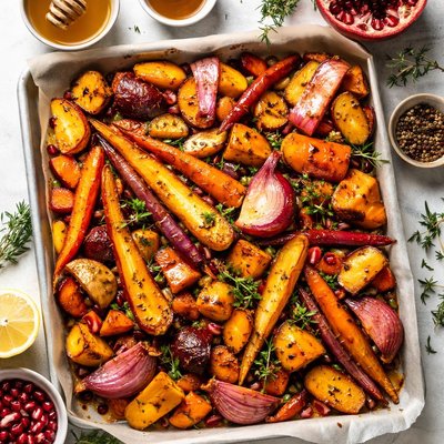Image of Festive Honey Glazed Roasted Root Vegetables with Saffron