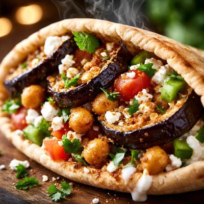 Image of Feta Garbanzo Bean and Eggplant Pita Sandwich