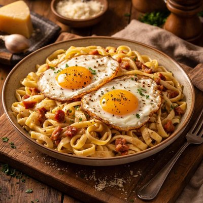 Image of Fettuccine Carbonara with Fried Eggs