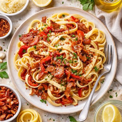 Image of Fettuccine with Bacon and Roasted Red Peppers
