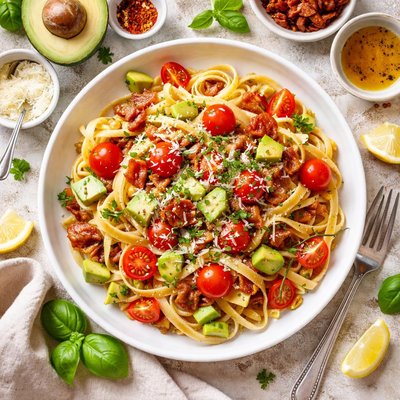 Image of Fettuccine with Cherry Tomatoes Avocado and Bacon
