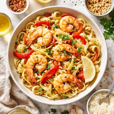 Image of Fettuccine with Prawns Red Pepper and Pine Nuts