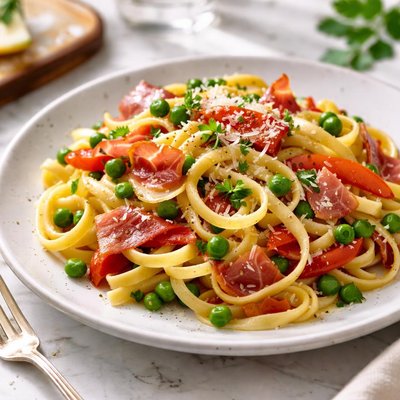 Image of Fettuccine with Prosciutto Peas and Peppers