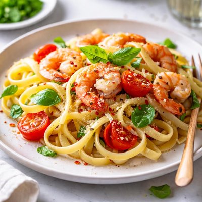 Image of Fettuccine with Shrimp Tomatoes and Basil