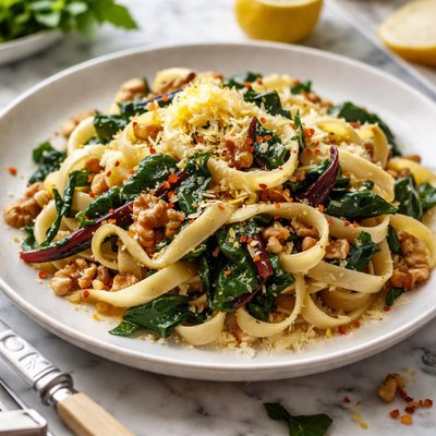 Image of Fettuccine with Swiss Chard Walnuts and Lemon