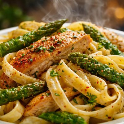 Image of Fettuccini with Asparagus and Garlicky Chicken