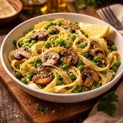 Image of Fettuccini with Mushrooms Peas and Lemon