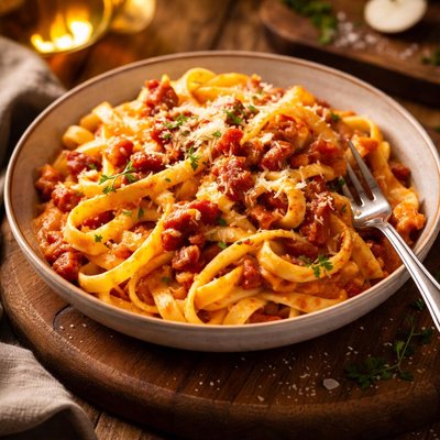 Image of Fettuccini with Pancetta and Tomato Cream Sauce