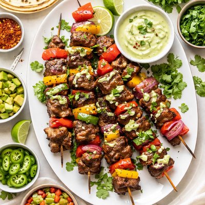 Image of Fiesta Beef Skewers with Avocado and Cilantro Creme