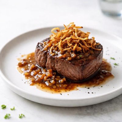 Image of Filet Mignon with Shallot Sauce and Crispy Onions