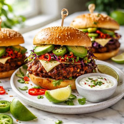 Image of Firecracker Burgers with Cooling Lime Sauce
