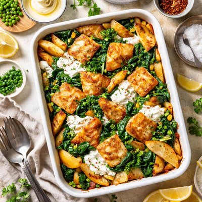 Image of Fish and Chip Bake with Spinach and Sour Cream