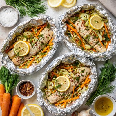 Image of Fish Baked in Foil with Leeks and Carrots