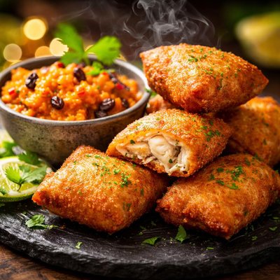 Image of Fish Cushions with Papaya Raisin Dip