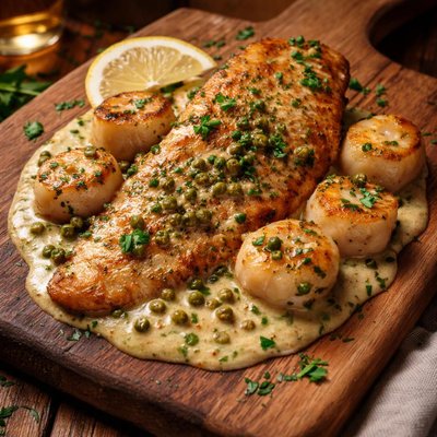 Image of Fish Fillet and Scallops in Green Peppercorn Sauce