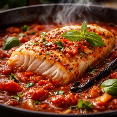 Image of Fish Fillet Braised in Vanilla Scented Tomato Sauce