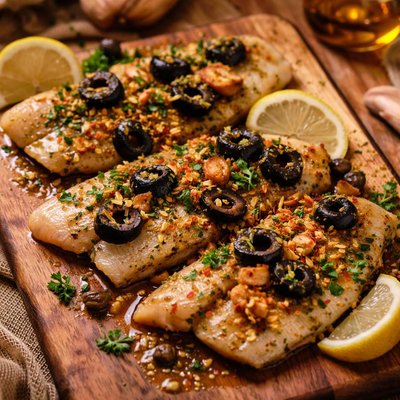 Image of Fish Fillet with Garlic Butter and Black Olives