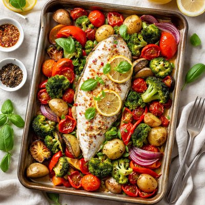 Image of Fish with Basil and Lemon Roasted Vegetables