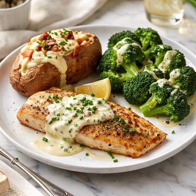 Image of Fish with Broccoli Baked Potato and Cheese Sauce Lite Bleu