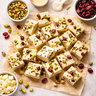 Image of Five Minute White Chocolate Fudge with Pistachio and Cranberries