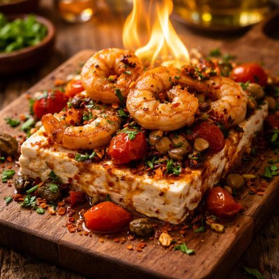 Image of Flambed Feta Shrimp with Tomatoes Capers