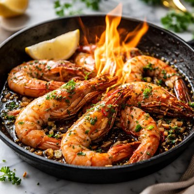 Image of Flaming Garlic and Whisky Gambas King Prawns Giant Shrimp