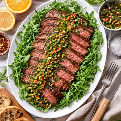Image of Whole30 Flank Steak with Arugula and Citrus Parsley Chili Churro