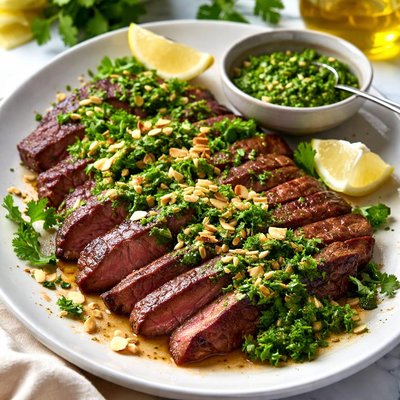 Image of Flank Steak with Cilantro Almond Pesto