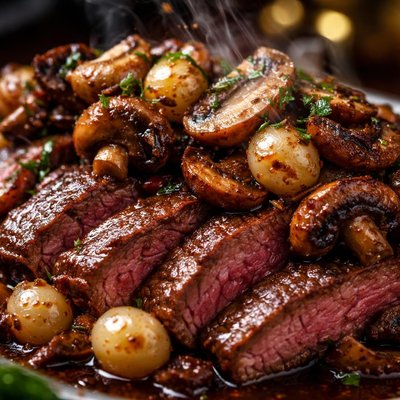 Image of Flank Steak with Merlot Mushrooms and Pearl Onions