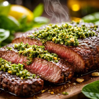Image of Flat Iron Steaks with Lemon Basil Pesto