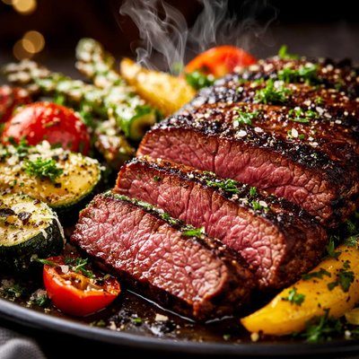 Image of Flat Iron Steaks with Parmesan Grilled Vegetables