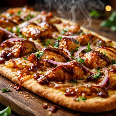 Image of Flatbread Pizza with Bbq Chicken Gruyere and Caramelized Onion