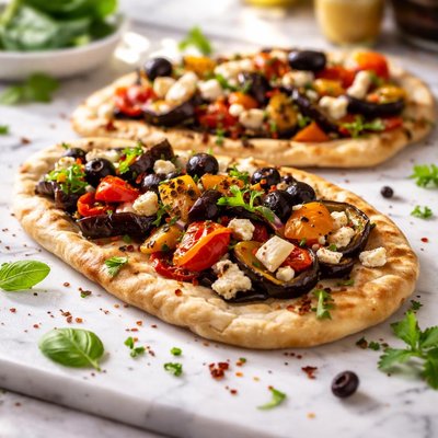 Image of Flatbread with Eggplant Peppers and Olives