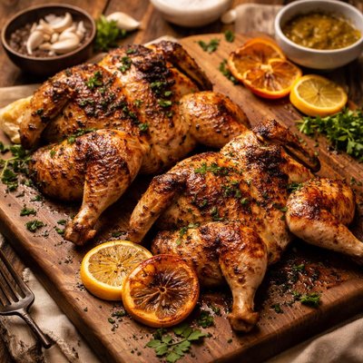 Image of Flattened Cornish Game Hens with Garlic Citrus Marinade