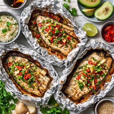 Image of Flounder Fillets Grilled in Foil with an Asian Touch
