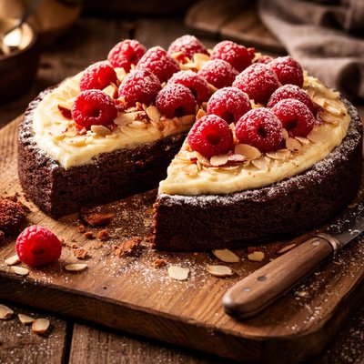 Image of Flourless Chocolate Cake with Marzipan and Raspberries
