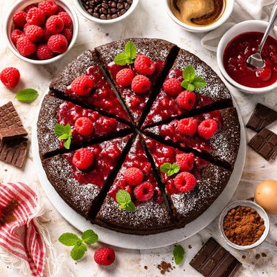 Image of Flourless Chocolate Espresso Cake with Raspberry Sauce