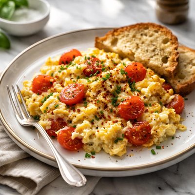 Image of Fluffy Cheese and Tomato Scrambled Eggs