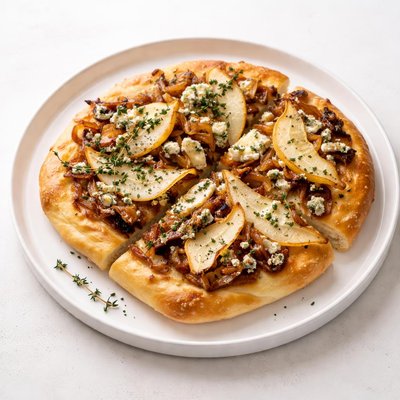 Image of Focaccia with Caramelized Onions Pear and Blue Cheese