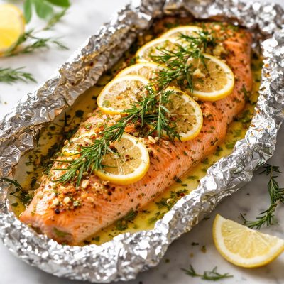 Image of Foil Wrapped Side of Salmon with Lemon and Rosemary