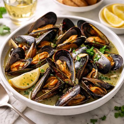 Image of Fragrant Steamed Mussels in Vermouth with Herbs and Shallots