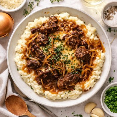 Image of French Onion Beef Over Garlic Mashed Potatoes