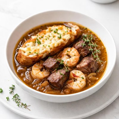 Image of French Onion Seafood Steak Soup Bowl by Sy