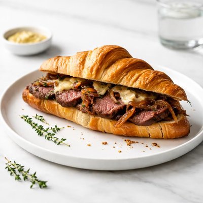 Image of French Onion Sliced Steak Croissant Sandwich