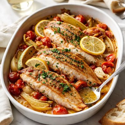 Image of French Style Roasted Perch with Fennel Tomatoes and Wine