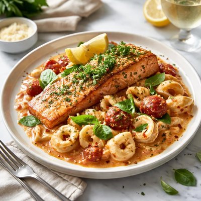 Image of Fresh Broiled Salmon with Saucy Cheese Tortellini