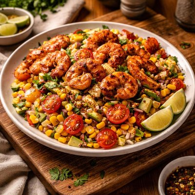 Image of Fresh Corn Salad with Spicy Shrimp and Tomatoes
