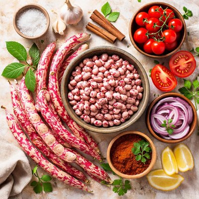 Image of Fresh Cranberry Beans with Tomatoes Onions and Cinnamon