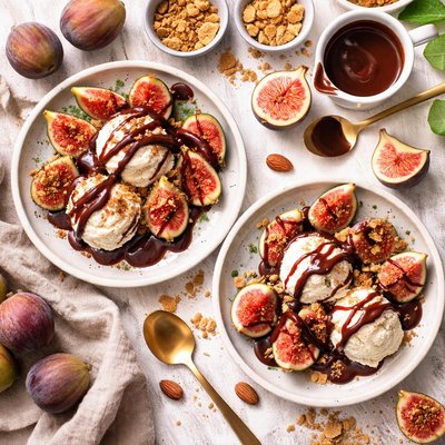 Image of Fresh Figs with Ice Cream and Amaretto Chocolate Sauce