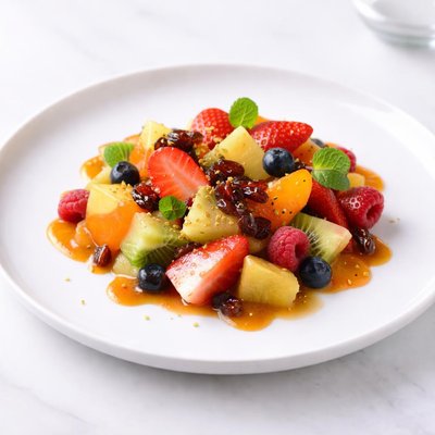 Image of Fresh Fruit Salad with Rum Raisin Sauce